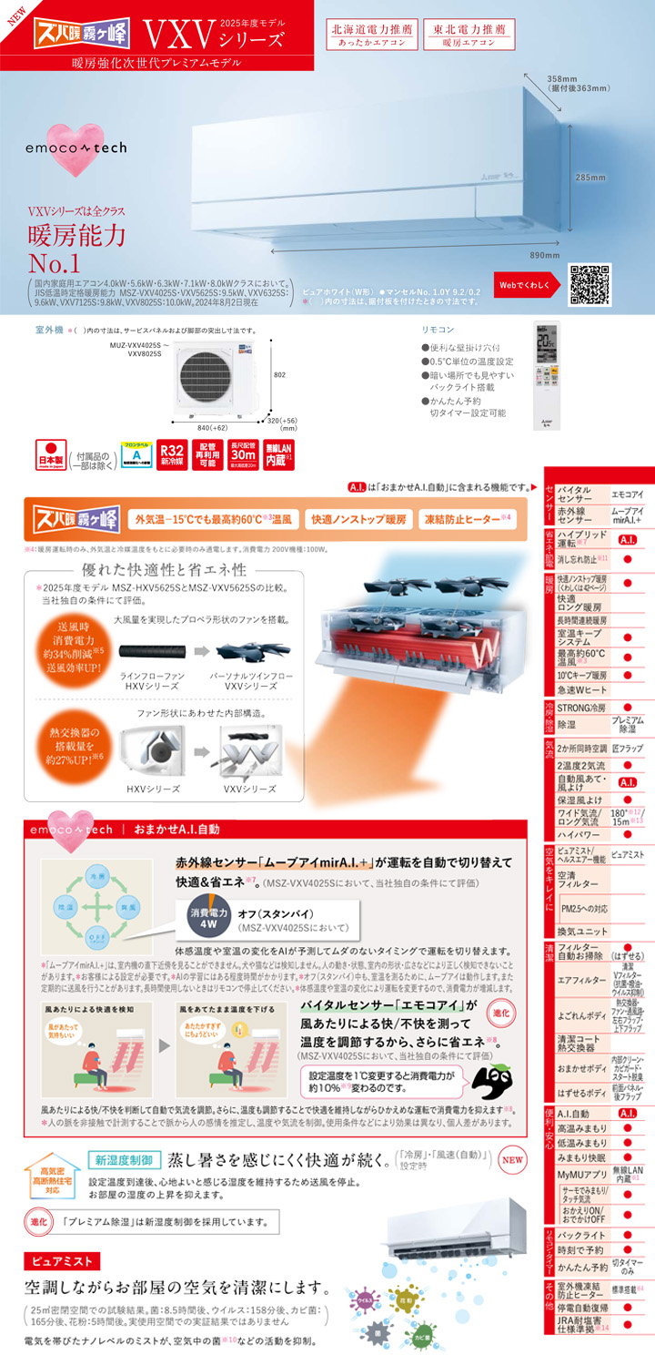 三菱電機 ルームエアコン MSZ-VXV5625S-W
